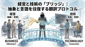 経営と技術の間に立ち、抽象と具象を「翻訳プロトコル」でつなぐブリッジ役のEMのイラスト。