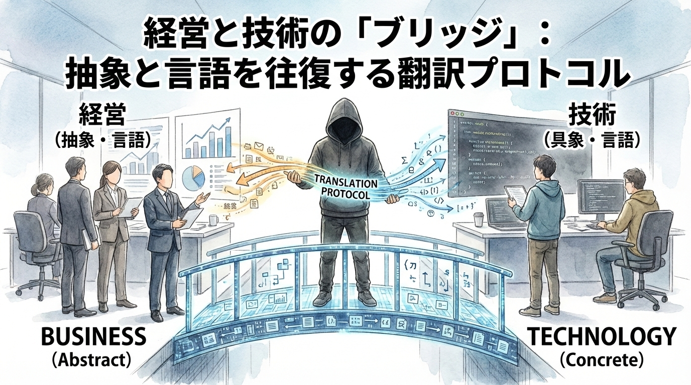 経営と技術の間に立ち、抽象と具象を「翻訳プロトコル」でつなぐブリッジ役のEMのイラスト。