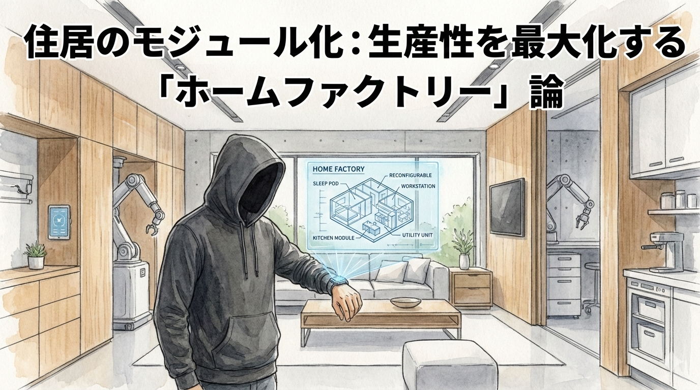 ロボットアームが稼働するハイテクなモジュール式住居で、フードのEMがホログラム設計図を操作し、生産性を最大化する「ホームファクトリー」構想を練っているイラスト。