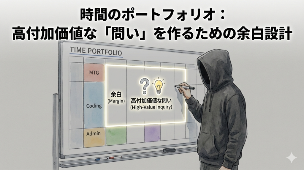 ホワイトボードで時間を設計し、高付加価値な問いを生むための「余白」を戦略的に確保しているフードのEMを描いたイラスト。