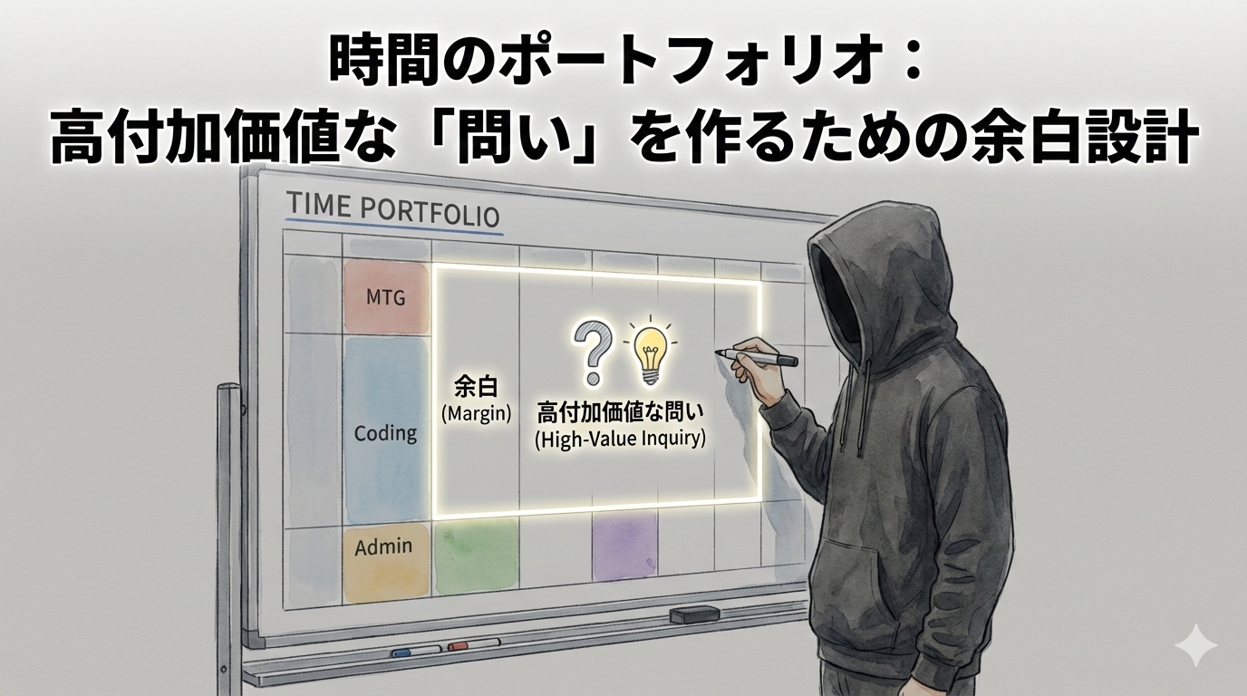 ホワイトボードで時間を設計し、高付加価値な問いを生むための「余白」を戦略的に確保しているフードのEMを描いたイラスト。