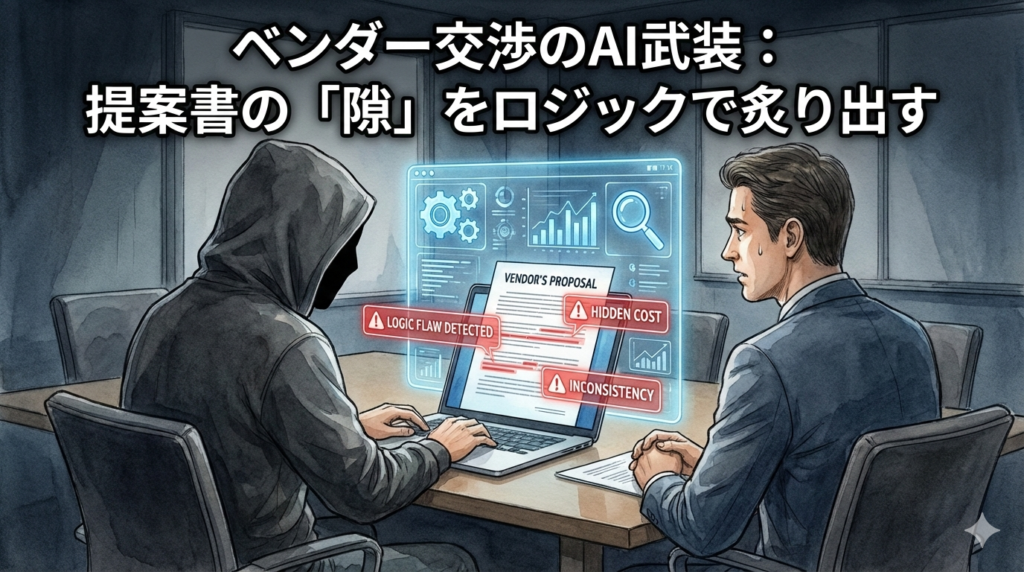 フードのEMが、ベンダー交渉の席でAIツールを駆使し、提案書に潜む「論理的欠陥」「隠れたコスト」「矛盾」といった「隙」を赤字で炙り出しているイラスト。データとロジックに基づき、交渉を有利に進めるためのAI武装を視覚化しています。