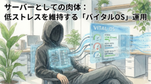 自身の肉体をサーバーに見立てたフードのEMが、胸部に接続された「VITAL OS」ダッシュボードで、ストレスを低く保ち安定運用している様子を描いたイラスト。