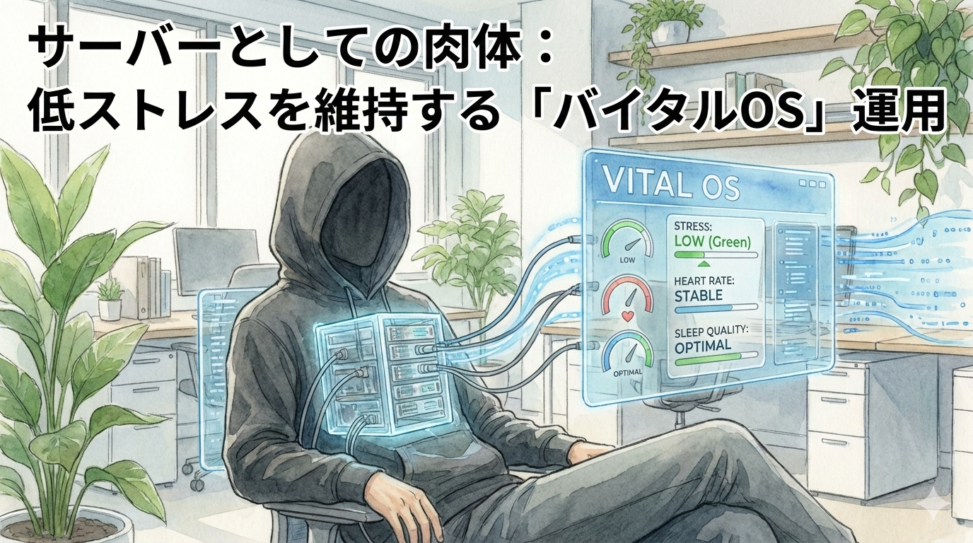 自身の肉体をサーバーに見立てたフードのEMが、胸部に接続された「VITAL OS」ダッシュボードで、ストレスを低く保ち安定運用している様子を描いたイラスト。